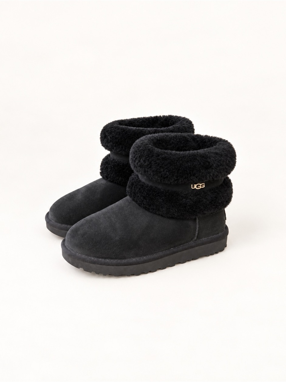 UGG Fluff Mini Belted Black Shearling Boots Size 6